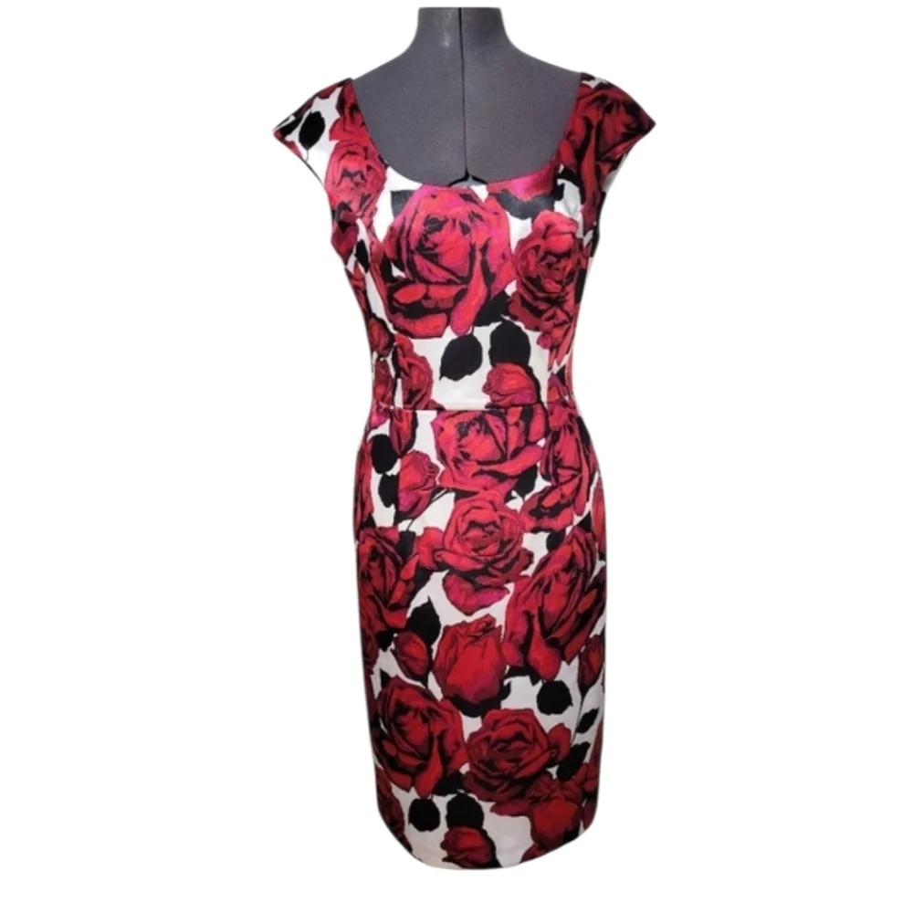 SZ6 Joseph Ribkoff Dress Red Rose Satin Print Midi - Picture 3 of 10